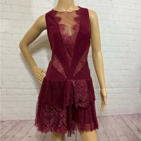 FREE PEOPLE “Dove Dress” Partial sheer Lace Drop waist tiered Skirt Size 10 GUC - Picture 1 of 16